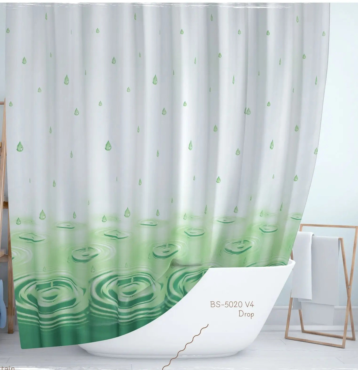 Шторка 180*200 см для ванної кімнати поліестер з декором Drop Green