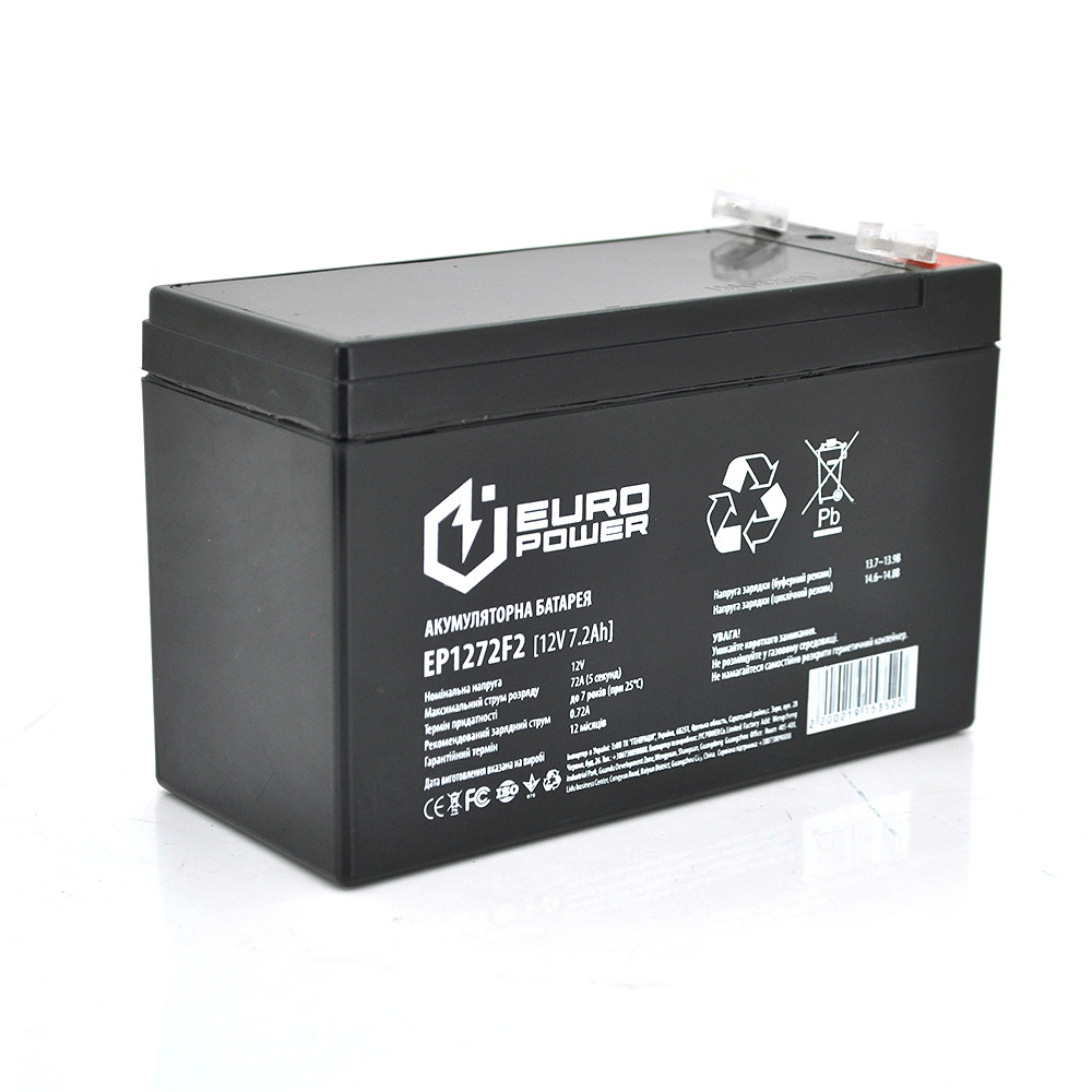 Акумуляторна батарея EUROPOWER AGM EP12-7.2F2 12 V 7,2 Ah (150 x 65 x 95 (100))  Black Q10