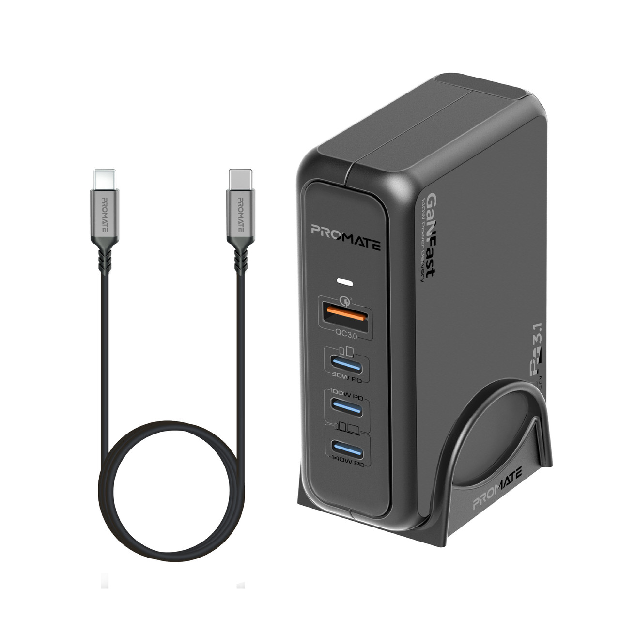 Мережевий зарядний пристрій Promate GaNPort-140W 3хUSB-C+USB-A Black (ganport-140w.black), фото 1