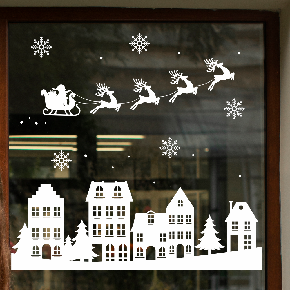 Новорічні наклейки Санта над засніженим містом (будиночки сніжинки сніг декор вікон) Набір S 47см матова Білий