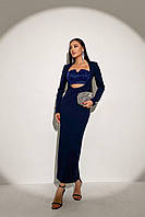 Платье женское миди, нарядное, с люрексом, с длинным рукавом, вечернее на корпоратив, Темно-синее, S, M, L, XL