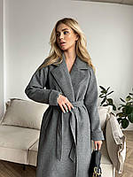 Модное серое пальто женское с поясом Демисезонное Пальто кашемир на подкладке  трендовое