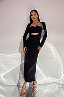 Сукня жіноча міді, ошатна, по фігурі, з довгим рукавом, вечірня, на корпоратив, Чорна, S, M, L, XL