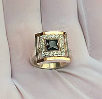 Ювелирное квадратное кольцо серебро с золотом