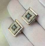 Ювелірні квадратні сережки срібло із золотом, фото 6
