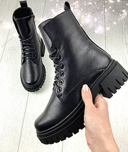 Чорні черевики на шнурівці зимові з натуральної шкіри