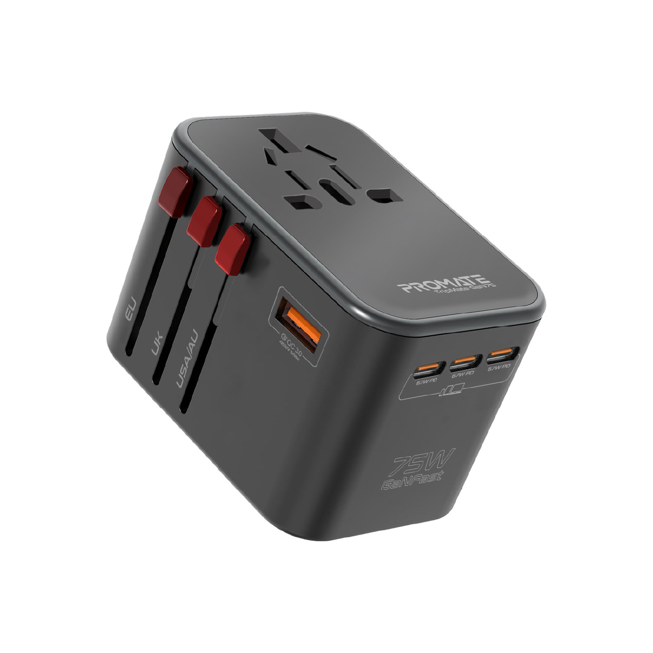 Перехідник мережевий Promate TripMate-GaN75 EU/US/UK/AU на EU/US/UK/AU, 3хUSB-С, 2хUSB-A 75W total Black (tripmate-gan75)