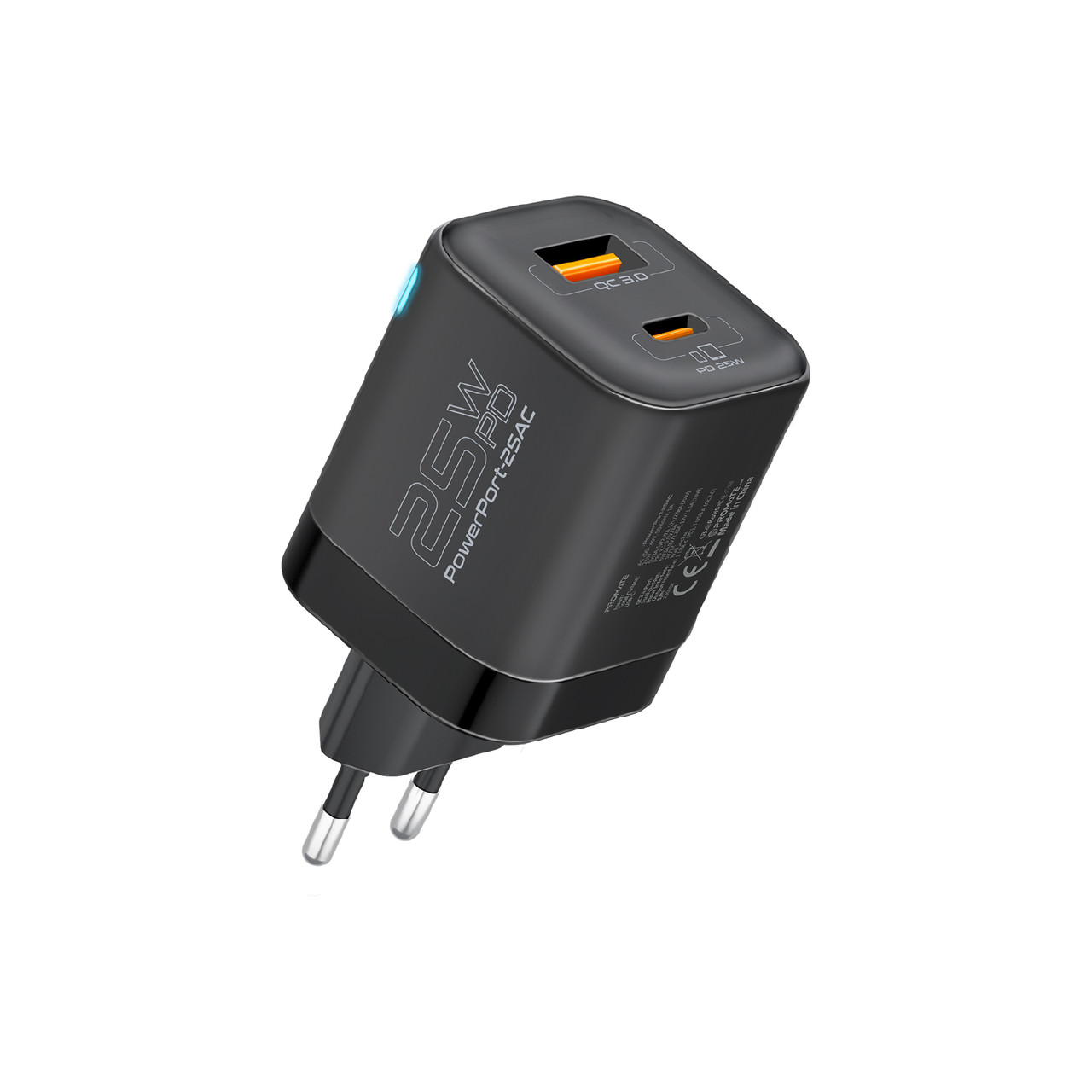 Мережевий зарядний пристрій Promate PowerPort-25AC USB-C, USB-A Black (powerport-25ac.black)