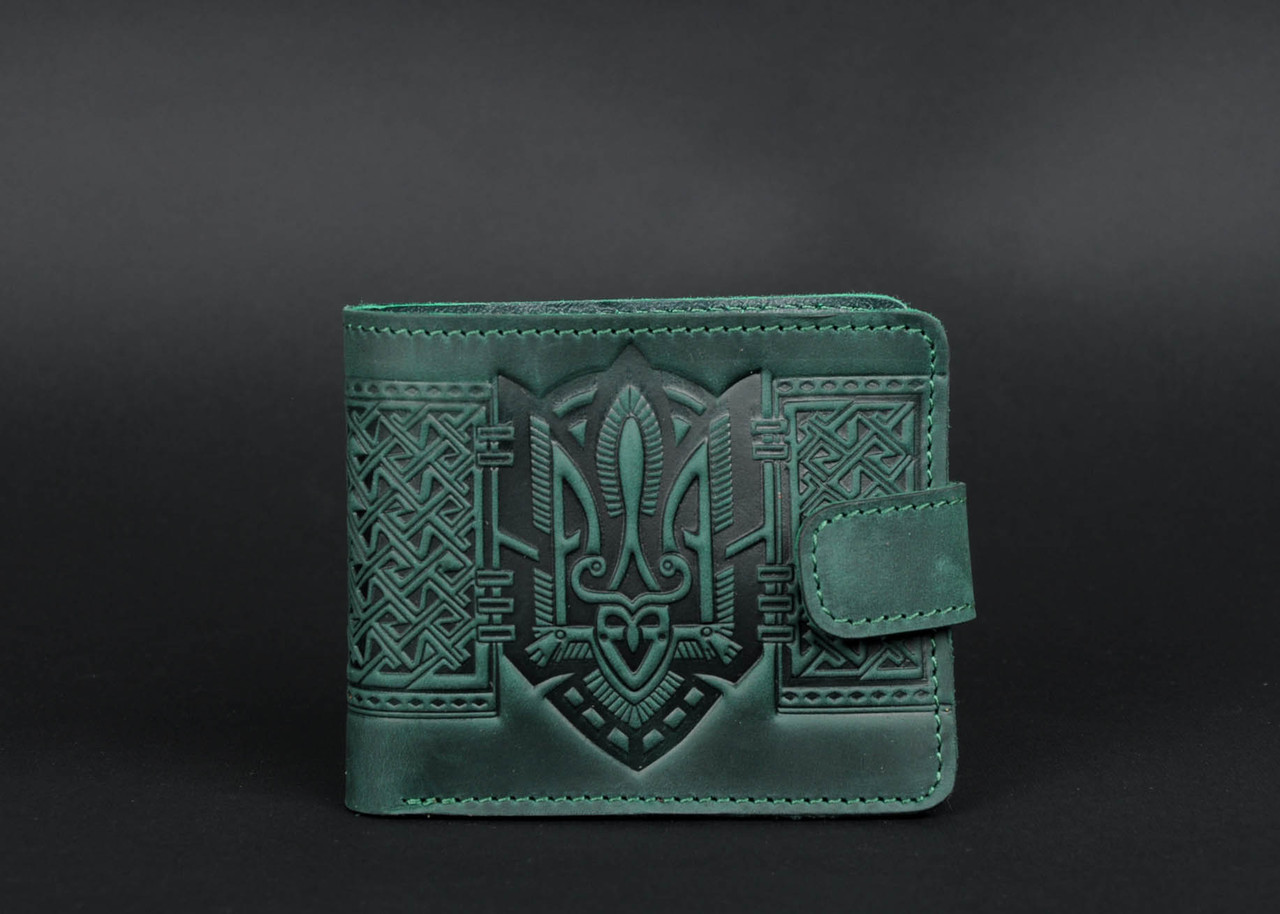 Шкіряний гаманець з тисненням «Тризуб» ручної роботи, натуральна шкіра, темно зеленого кольору, 11×9 см, фото 1