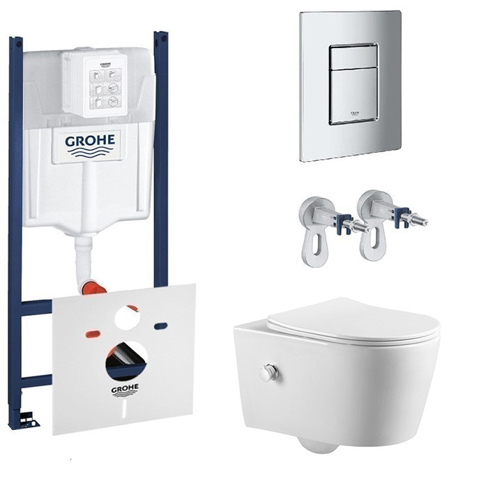 Комплект 5в1: Інсталяція Grohe Rapid + Безобідковий Підвісний унітаз з функцією біде Simple+ клавіша