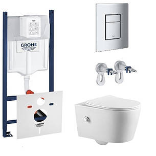 Комплект 5в1: Інсталяція Grohe Rapid + Безобідковий Підвісний унітаз з функцією біде Simple+ клавіша, фото 1