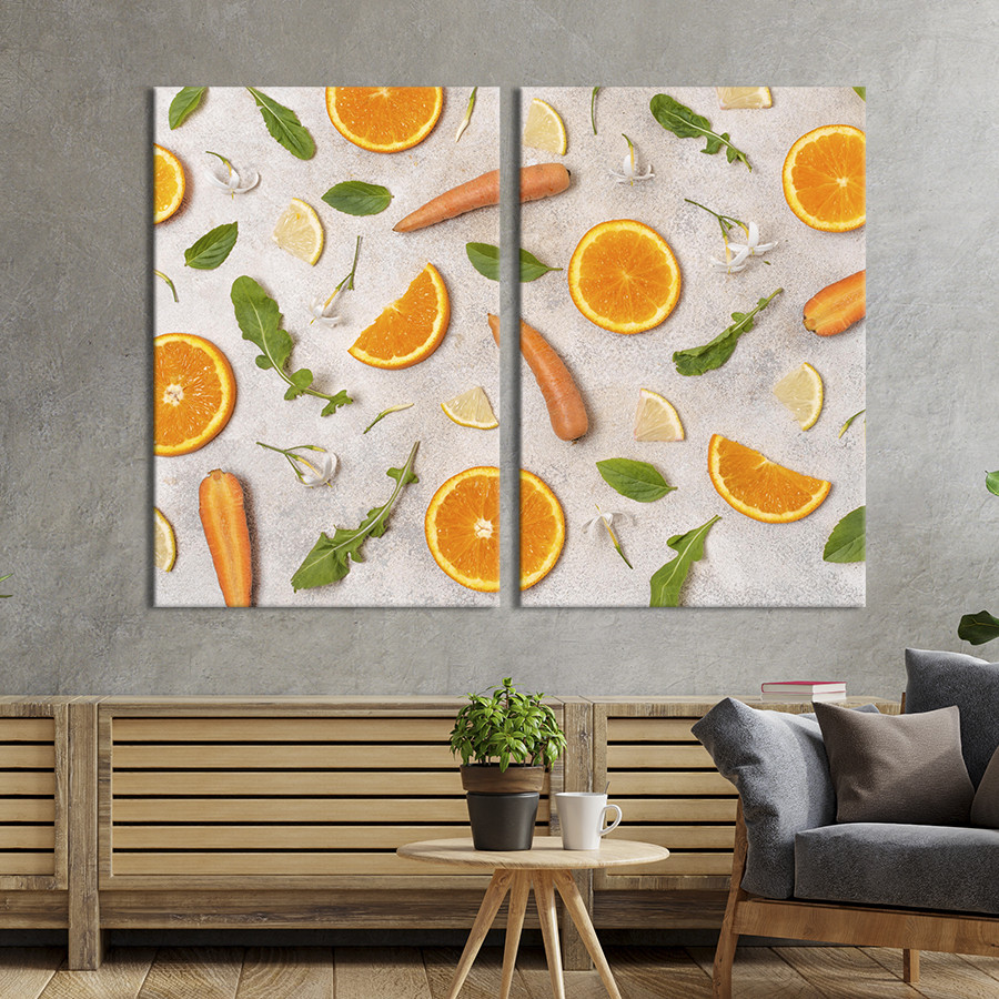 Модульная картина из двух частей KIL Art Дольки лимона кружочки апельсина и морковка 165x122 см (1634-2) - фото 1 - id-p2022559276
