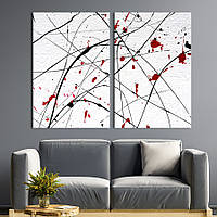 Картина диптих на холсте KIL Art для интерьера в гостиную спальню Чёрные линии и пятна красной краски 165x122