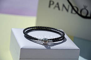 Шкіряний браслет зі срібним замком Pandora чорний 590705CBK, фото 2
