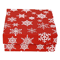 Подарункова коробка із мікрогофрокартону , 17*17*7 см сніжинки на червоному