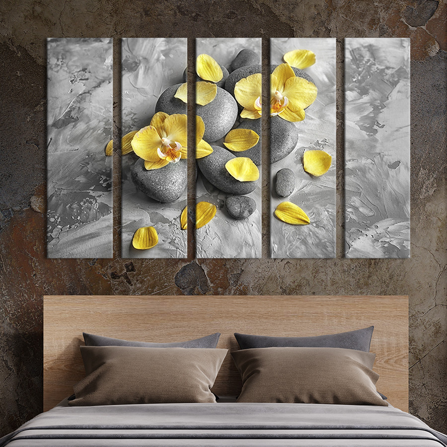 Модульна картина з 5 частин на полотні KIL Art Жовта орхідея та спа-камні 155x95 см (75-51)