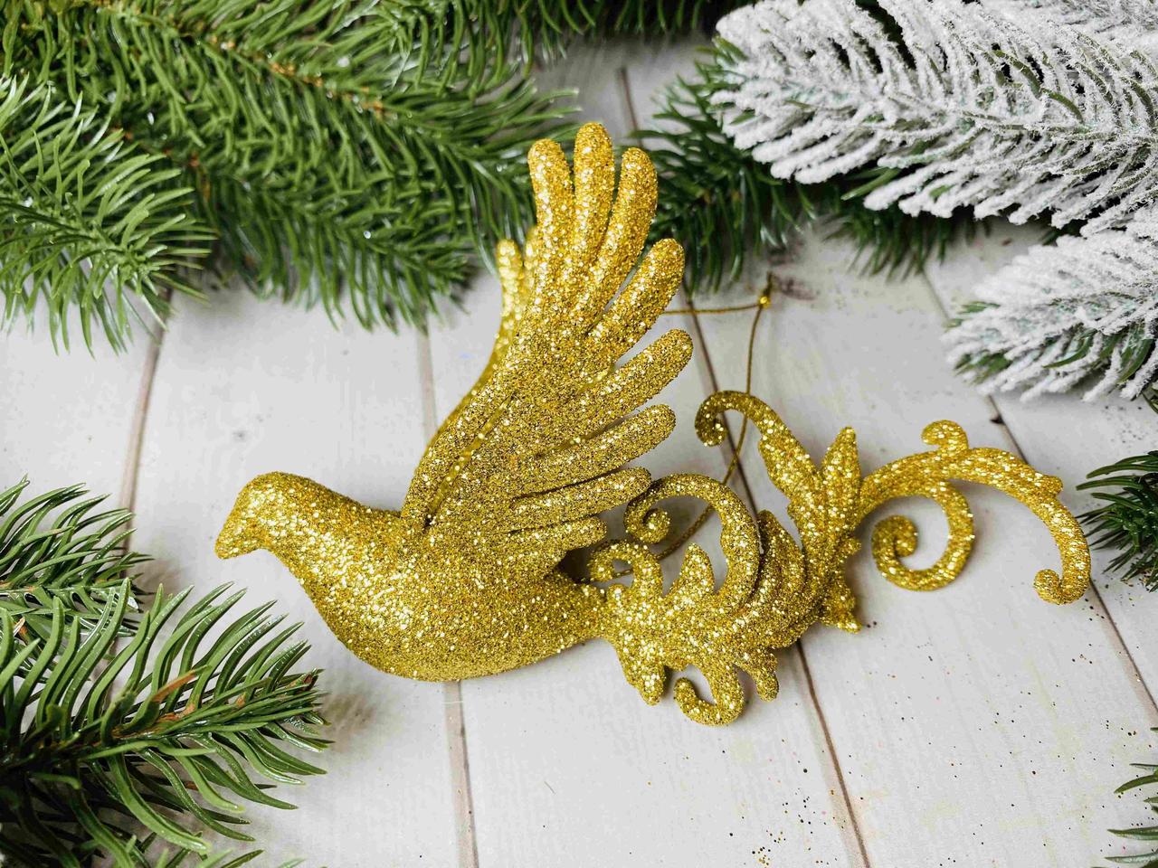 Підвіска жар птиця в глітері, 7 х 14см, золото, за 1 шт 9339, фото 1