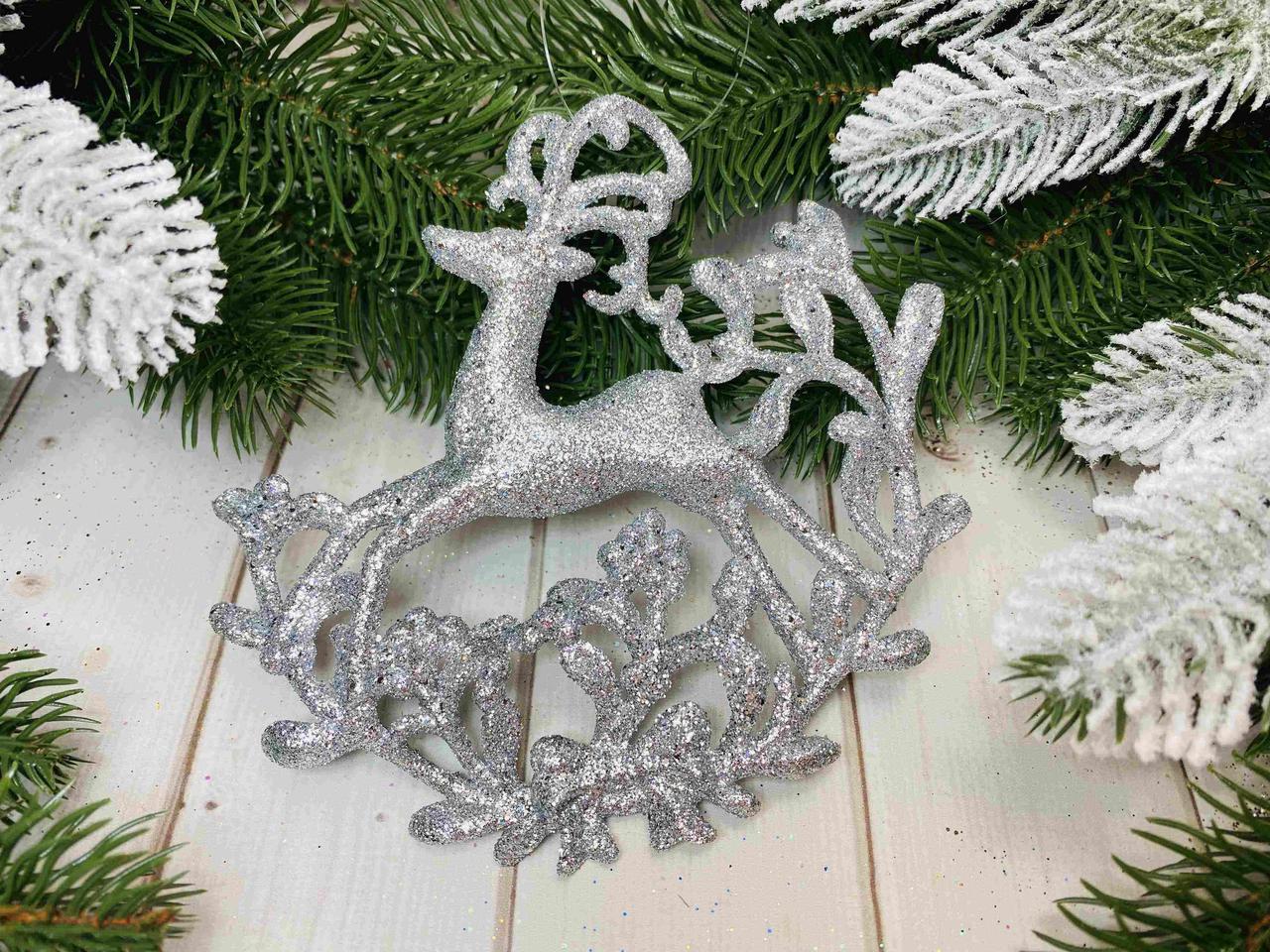 Новорічний декор Олень срібло в глітері 13 х 13 см (шт), фото 1