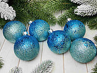 Новогодние шары размер 6 см, чешуя омбре голубой + мятный (набор 6 шт)