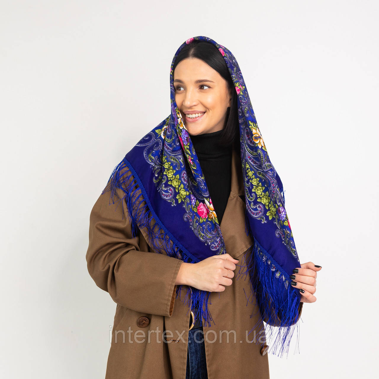 Хустка українська з тороками "Лілія" 90х90 см (синя), фото 1