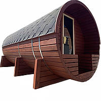 Mobiles Saunafass aus schlüsselfertigem Holz 6,5x2,15m Fasssauna-6,5 vom Hersteller Thermowood Production