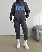 Спортивный костюм женский *USA* трехнитка на флисе 42-46; 48-52 (5цв) "GRAND FASHION" от прямого поставщика Oversize XL-3XL, Графит