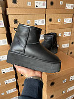 Угги женские Ugg Classic Mini Black Leather Platform черный кожаные классические с мехом на высокой подошве