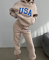 Спортивный костюм женский *USA* трехнитка на флисе 42-46; 48-52 (5цв) "GRAND FASHION" от прямого поставщика Oversize S-L, Бежевый
