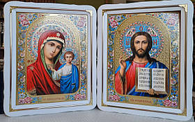 Ікони Спаситель, Богородиця Казанська в білому дерев,яному кіоті під склом,розмір кіота 47×37, сюжет 30×40