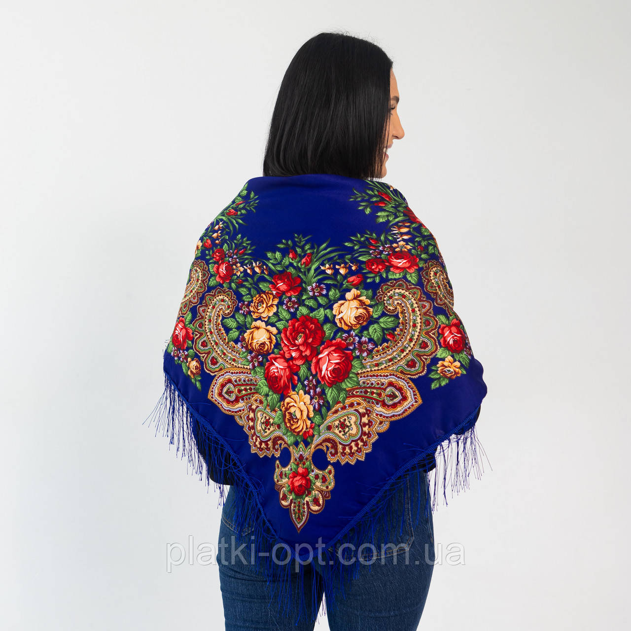 Хустка українська з тороками "Троянда" 90х90 см (синя)