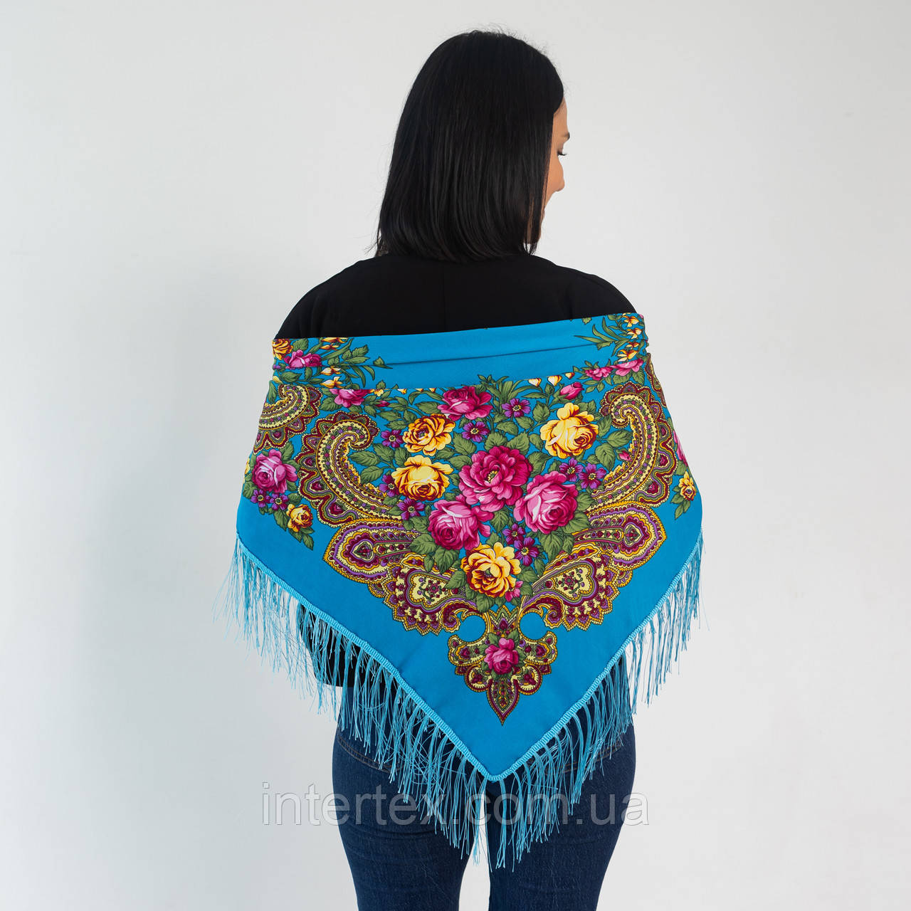 Хустка українська з тороками "Троянда" 90х90 см (блакитна), фото 1