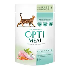 Повнораційний консервований корм для дорослих кішок Optimeal з кроликом в морквяному желе 0.085 кг