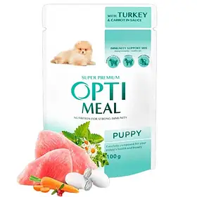 Консервований корм з індичкою та морквою для цуценят OptiMeal Turkey&Carrot in sauce 100 г (4820215369619)