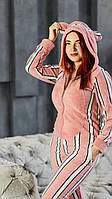 Нежная женская пижама с карманом на попе Popojama . Женская пижама теплая Попожама Розовая Полоска