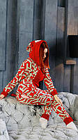 Пижам-комбез с кармашком на попе Попожама Женская пижама теплая в красном цвете с принтом Popojama.