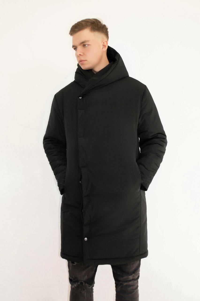 Мужская куртка-пальто зимняя удлиненная теплый пуховик с капюшоном на кнопках черная. Фото в живую - фото 4 - id-p2022738599