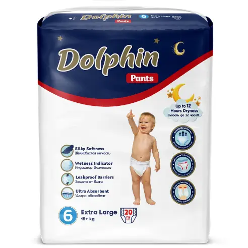 Підгузки-трусики дитячі Dolphin 6 Extra large 15+ кг 20 шт одноразові підгузки для дітей трусики для дітей