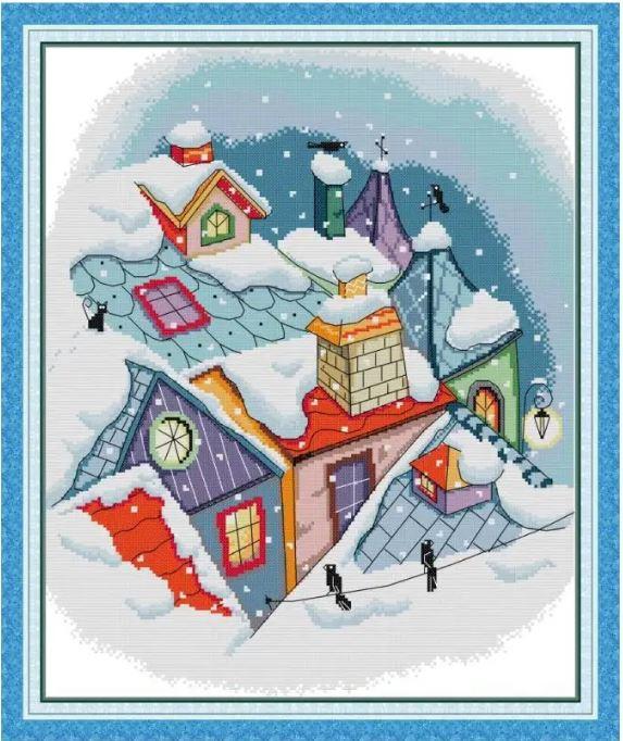 Набір для вишивання за нанесеною на канву схемою "Snow On The Roof Winter House".AIDA 14CT printed , 39*46 см
