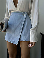 Модная джинсовая юбка с запахом- обманка шорты в голубом цвете
