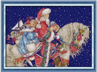 Набір для вишивання за нанесеною на канву схемою "Santa Claus and children on horseback". AIDA 14CT printed, 62*47 см