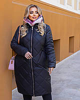 Женское зимнее стеганое квадратами пальто длинное со съемным капюшоном и двусторонней молнией размеры 50-60