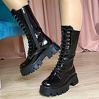 Лаковые натуральные ботинки женские демисезонные на шнуровке черные M-24
