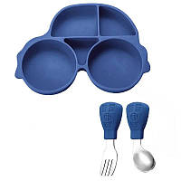 Набір силіконового посуду 3 предмети тарілка + вилка + ложка Синій
