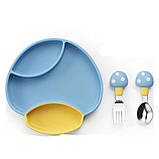 Набір силіконового посуду для дітей 3 предмети тарілка + вилка + ложка Жовто-синій, фото 2