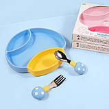 Набір силіконового посуду для дітей 3 предмети тарілка + вилка + ложка Жовто-синій, фото 3