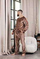 Пижама унисекс женская и мужская мягкий плюш (стриженный кролик) домашний костюм парный коричневый, 54/56
