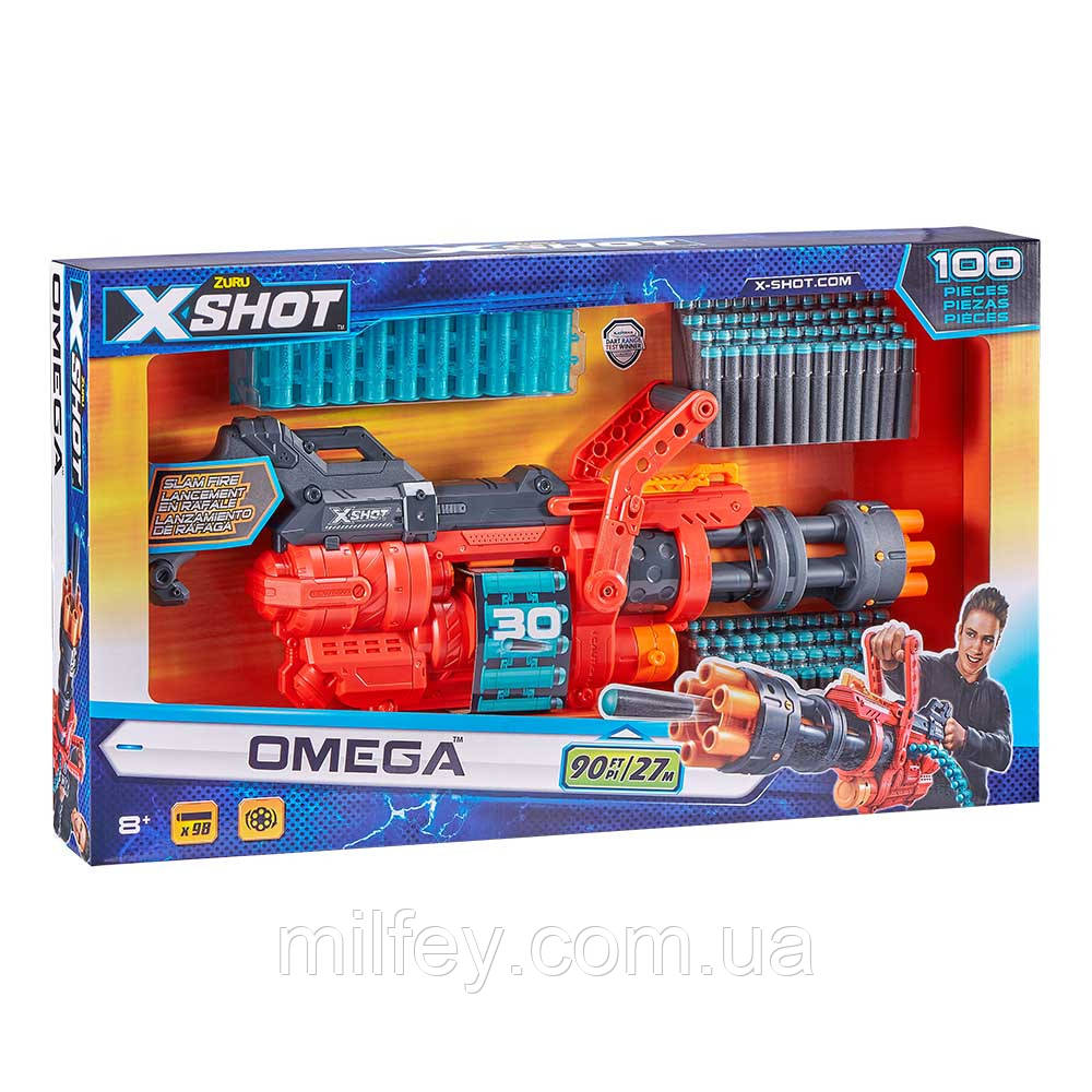 X-Shot Швидкострільний бластер Excel Omega (обойма на 30 патронів, 98 патронів), фото 1