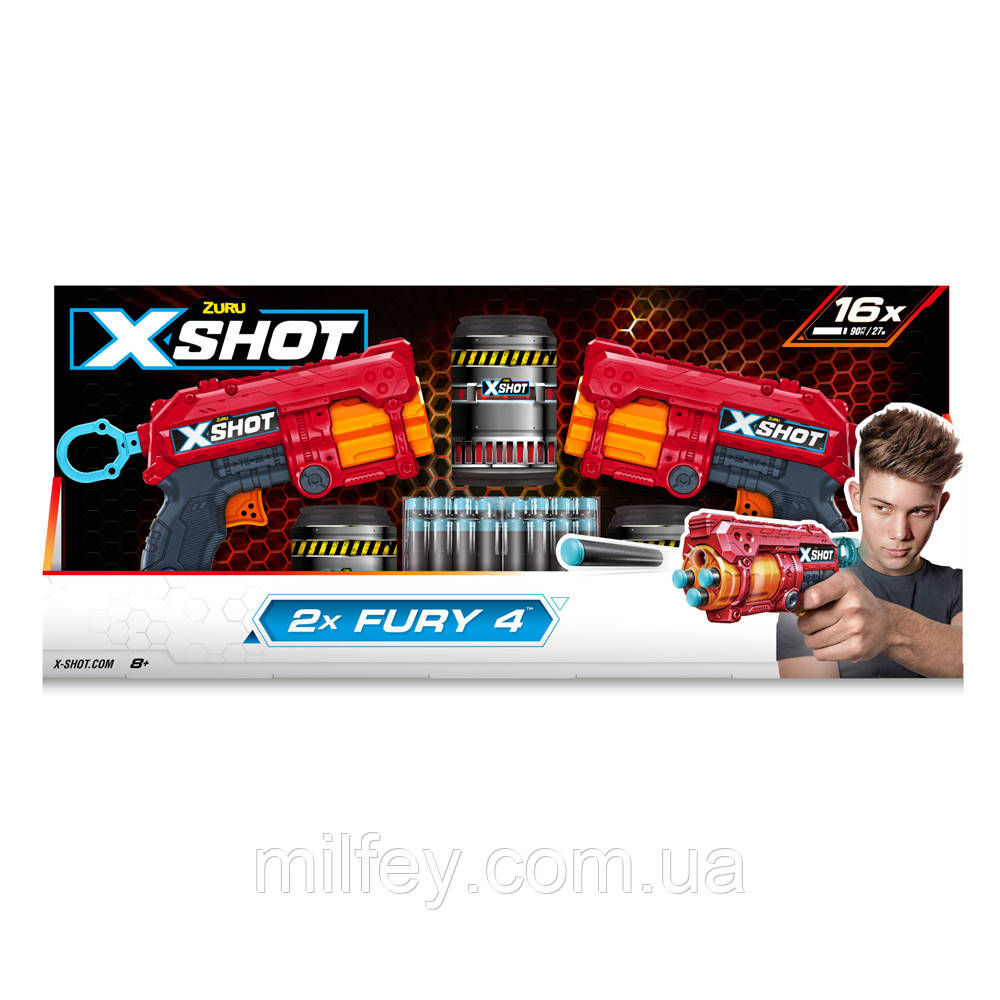 X-Shot Red Швидкострільний бластер Excel Fury 4 2 PK (3 банки, 16 патронів), фото 1