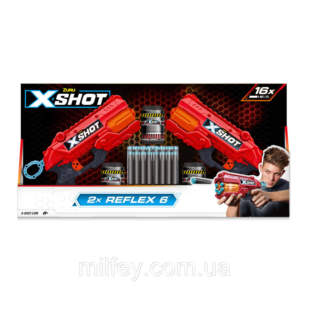 X-Shot Red Набір швидкострільних бластерів Excel Reflex Double (2 бластера, 3 банки, 16 патронів), фото 1