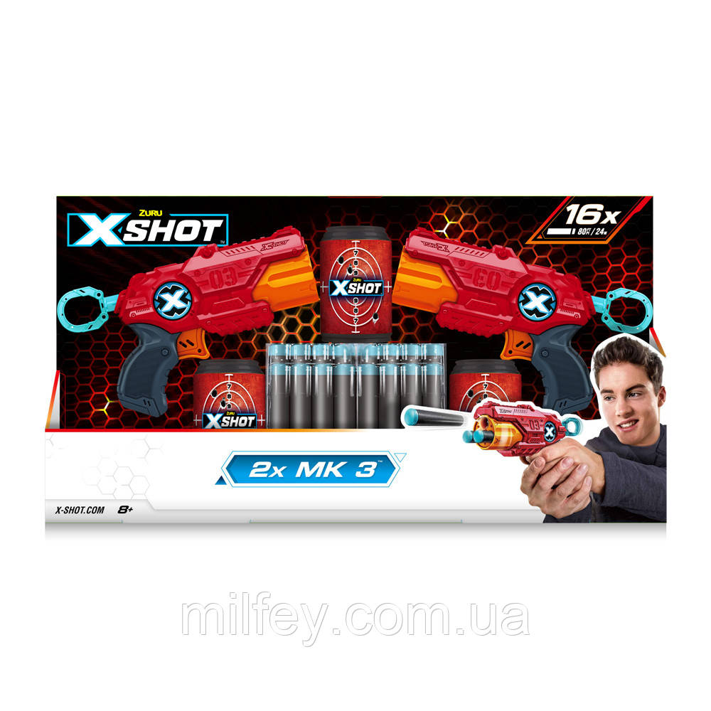 X-Shot Red Набір швидкострільних бластерів Excel MK 3 Double (2 бластера, 3 банки, 16 патронів), фото 1